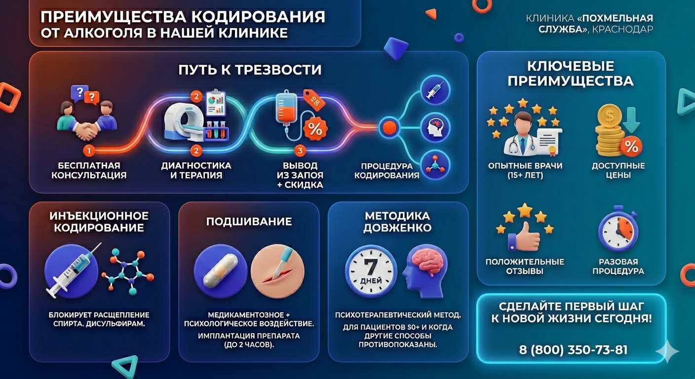 Инфографика о методах кодирования от алкоголя в Криводановке: инъекции, подшивание, метод Довженко. Преимущества клиники и этапы лечения.