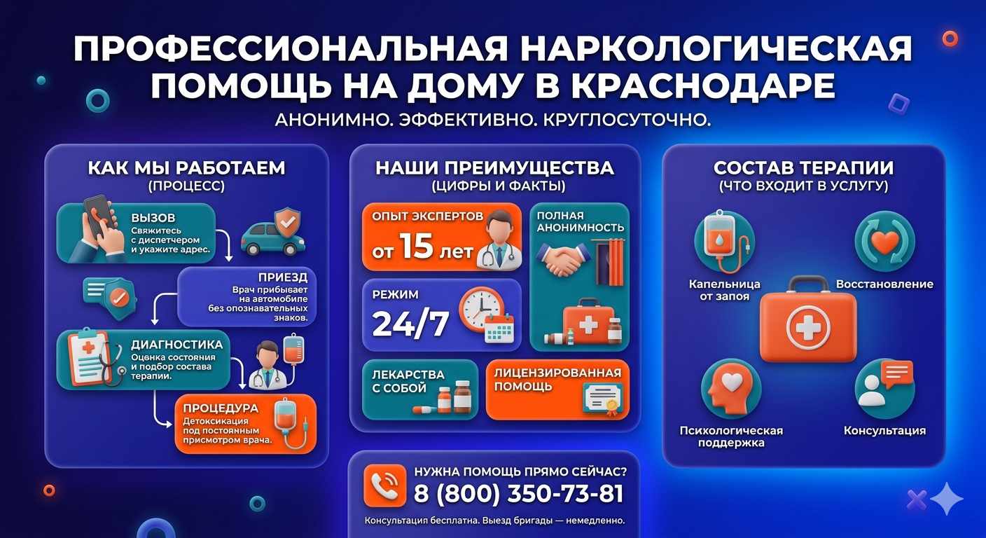 Инфографика о принципах лечения алкоголизма на дому в Криводановке: этапы вызова нарколога, преимущества анонимной детоксикации и состав медицинской помощи.